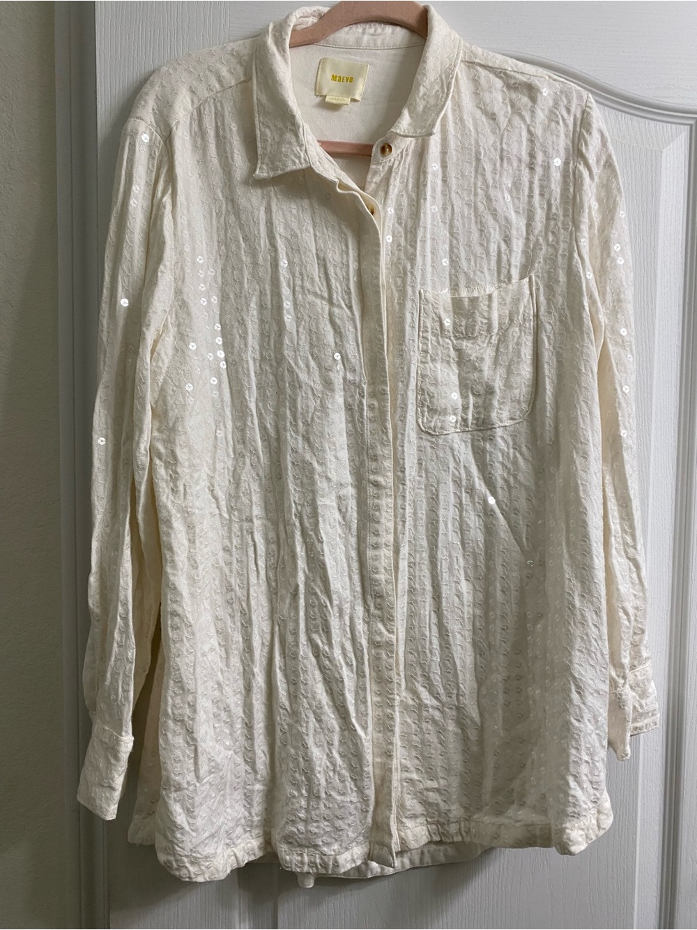 Anthropologie Maeve Sequn Textured Button Down Long Sleeve Lagenlook Cream Top L - Picture 2 of 15